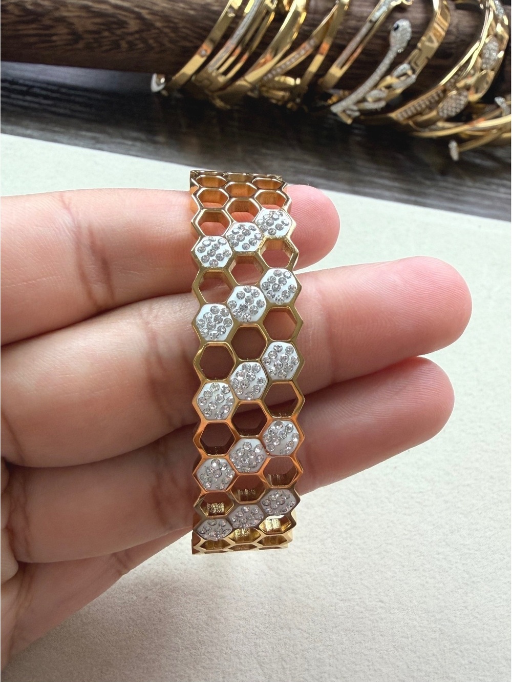 Non-Tarnish 18K Gold Plated Honeycomb Crystal Bangle
